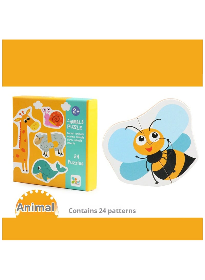 24 Pack Wooden Puzzles for Toddlers - Animal Shaped Toys for Entertainment, Puzzles for Early Learning, Preschool Education Gifts for Ages 1, 2, and 3