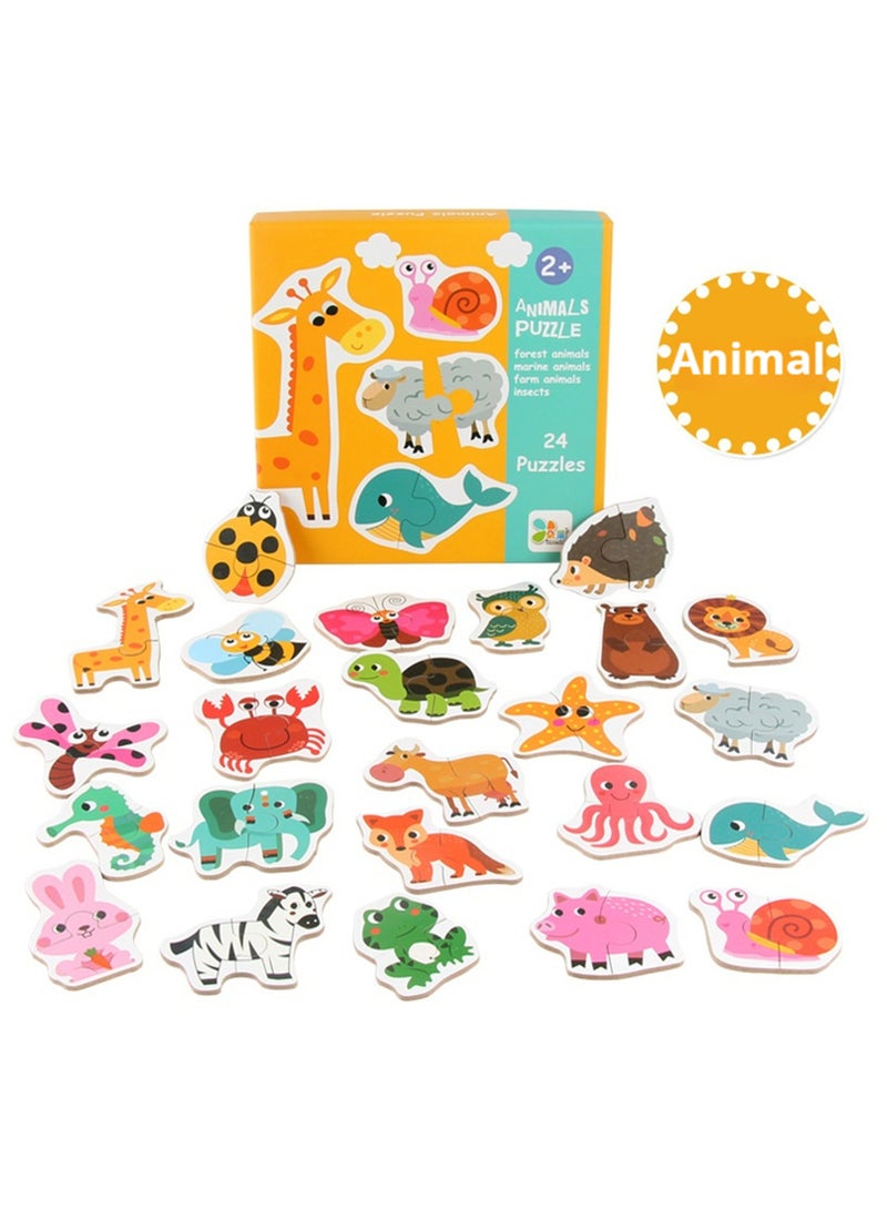 24 Pack Wooden Puzzles for Toddlers - Animal Shaped Toys for Entertainment, Puzzles for Early Learning, Preschool Education Gifts for Ages 1, 2, and 3