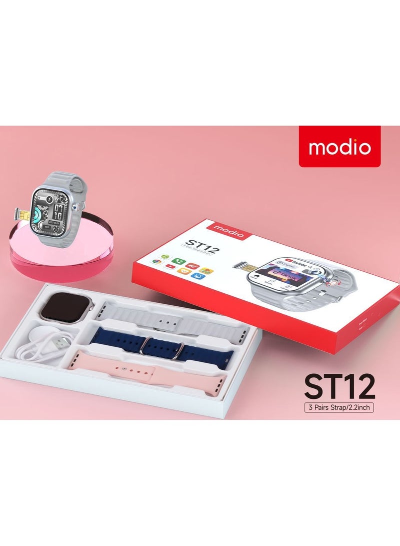 Modio ST12 Smart Watch 2.2 Inch Full Screen Display With 4G SIM card Support 3 Pair Straps and Wireless Charger For Ladies and Gents Silver