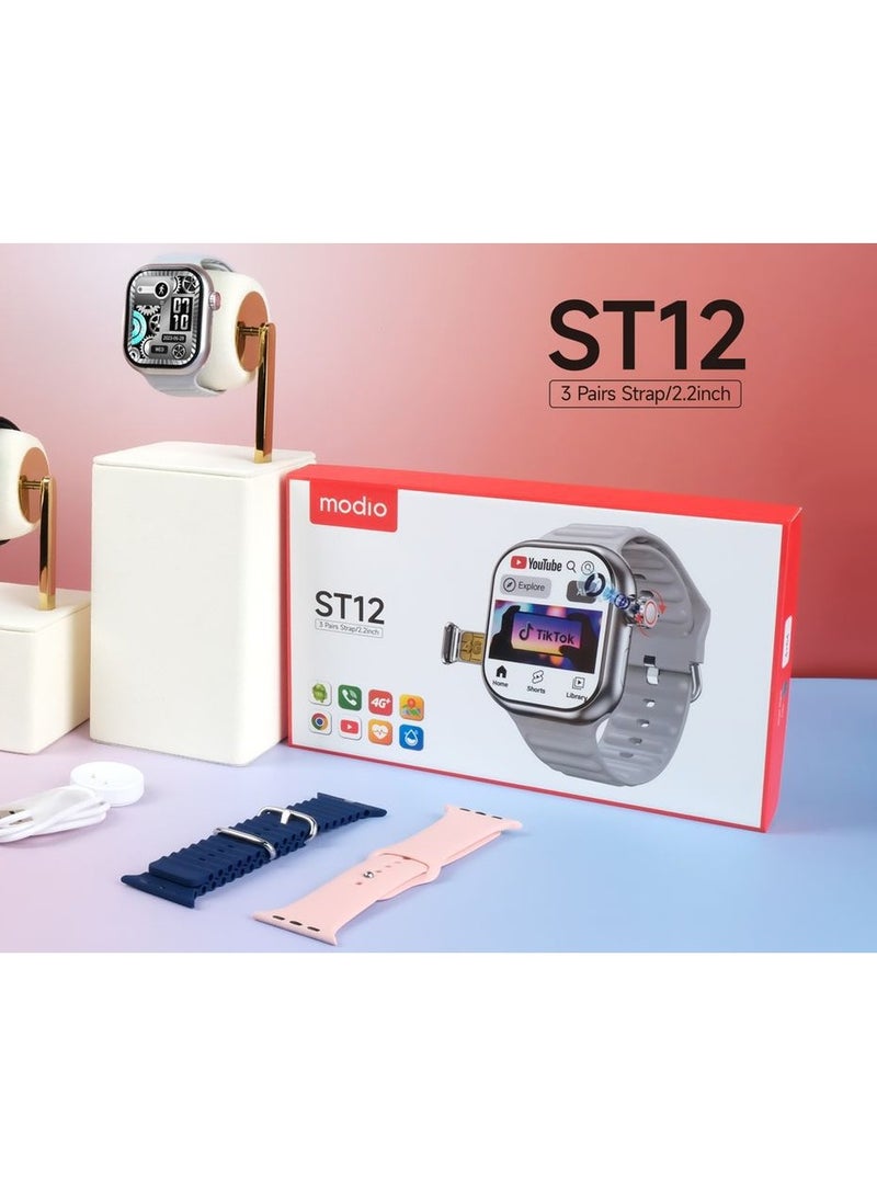 Modio ST12 Smart Watch 2.2 Inch Full Screen Display With 4G SIM card Support 3 Pair Straps and Wireless Charger For Ladies and Gents Silver