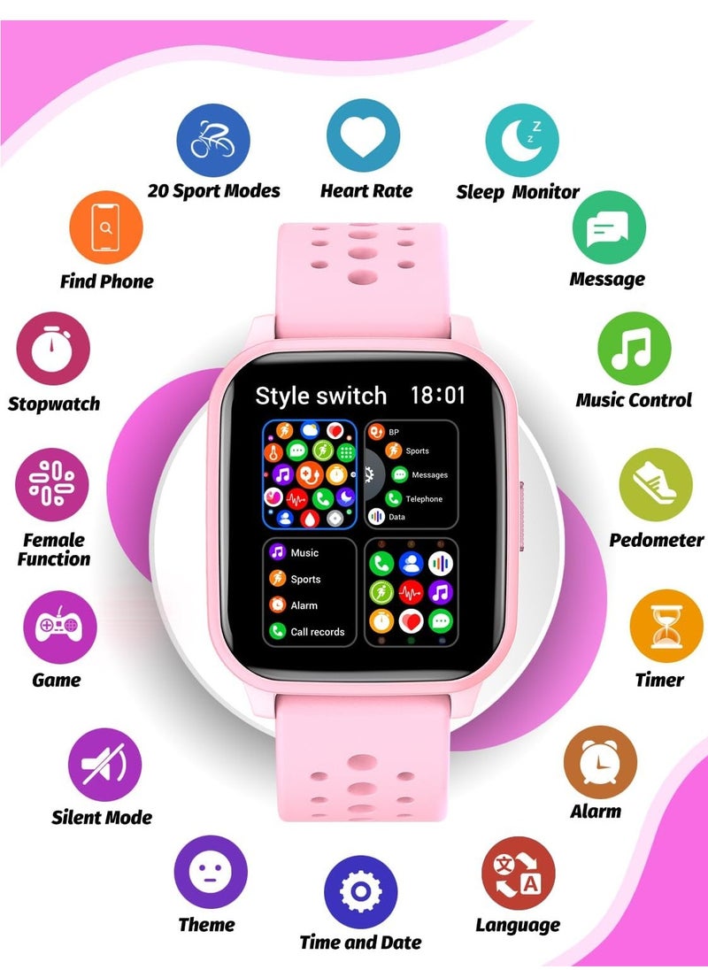 Kids Smart Watch with Sleep Mode, 20 Sports Modes, 5 Games and Pedometer - Fun Birthday Gifts for 4-16 Year-Olds(Pink)