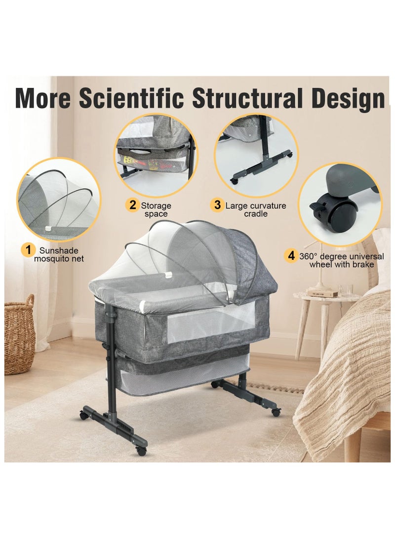 Baby Bedside Crib Adjustable, Baby Cradle With Large Storage Basket, Travel Crib with Mattress Breathable Net,Mosquito Net Detachable, Soft Mattress 360°Swivel Wheels, for Infants Newborn