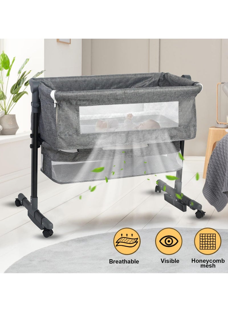 Baby Bedside Crib Adjustable, Baby Cradle With Large Storage Basket, Travel Crib with Mattress Breathable Net,Mosquito Net Detachable, Soft Mattress 360°Swivel Wheels, for Infants Newborn