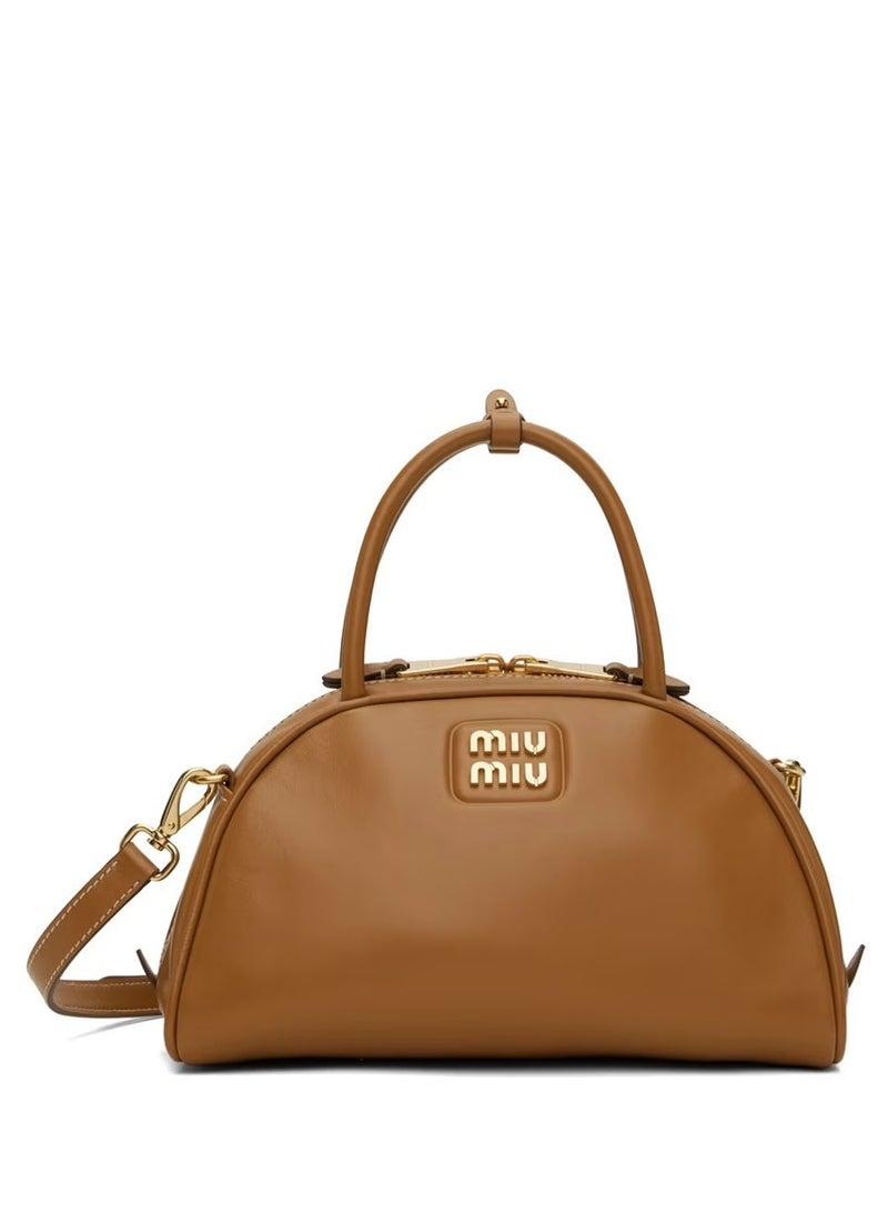 miu Tan Leather Top Handle Bag