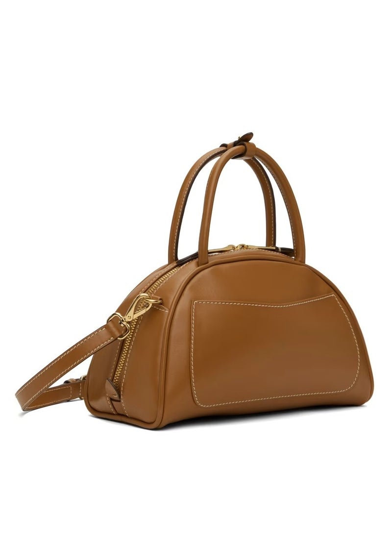 miu Tan Leather Top Handle Bag