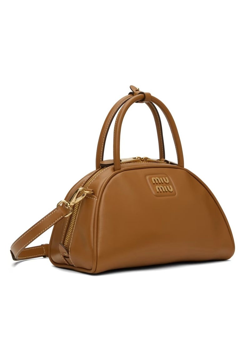 miu Tan Leather Top Handle Bag