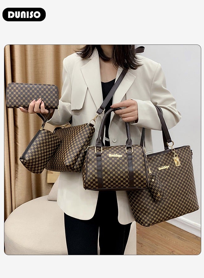 6 Pcs Handbags Set for Women, Dark Brown PU Leather Printing Pattern Purse Sets, Ladies Fashion Multipurpose Travel Tote Bag for Any Occasion.