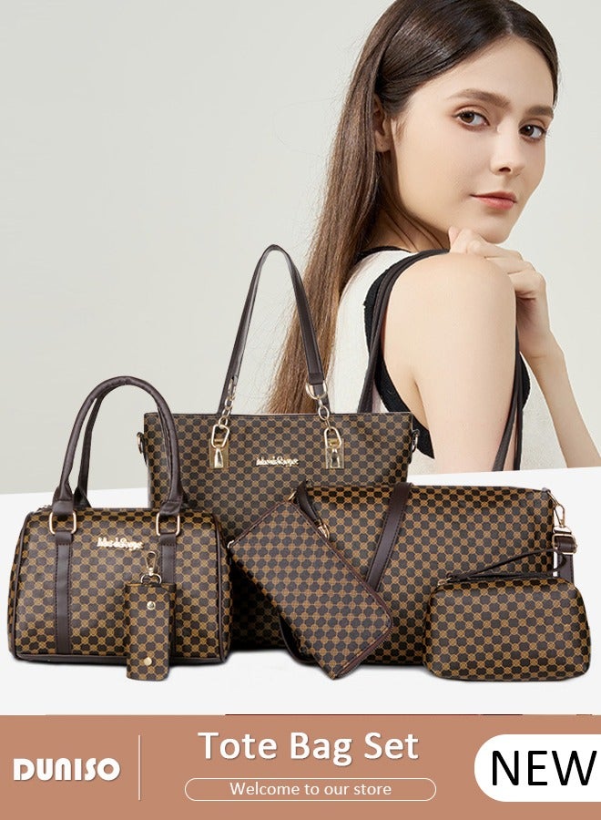 6 Pcs Handbags Set for Women, Dark Brown PU Leather Printing Pattern Purse Sets, Ladies Fashion Multipurpose Travel Tote Bag for Any Occasion.