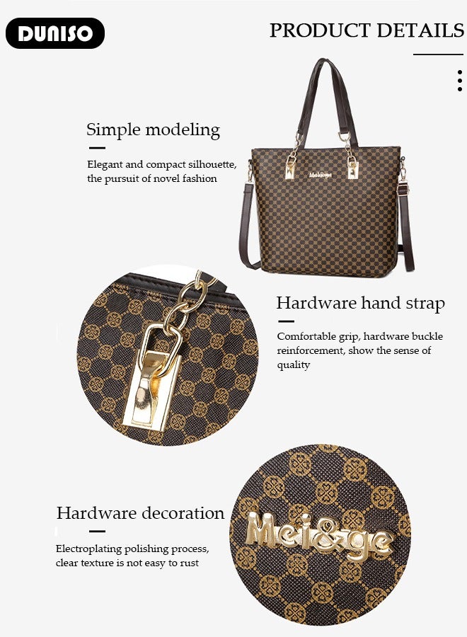 6 Pcs Handbags Set for Women, Dark Brown PU Leather Printing Pattern Purse Sets, Ladies Fashion Multipurpose Travel Tote Bag for Any Occasion.