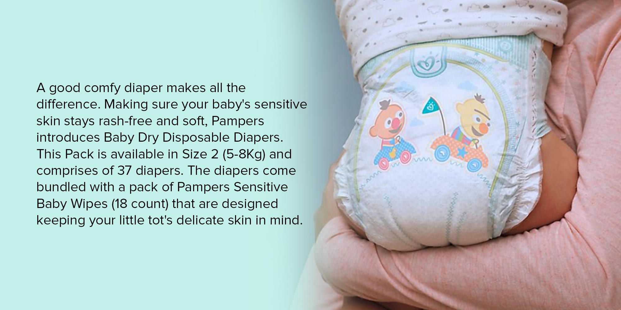 Baby Dry Disposable Diapers, Size 2 (5-8 Kg), 37 Count And Sensitive Baby Wipes, 18 Count