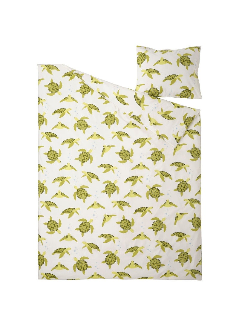 Duvet Cover And Pillowcase Turtle Pattern Green White 150X200/50X80 Cm