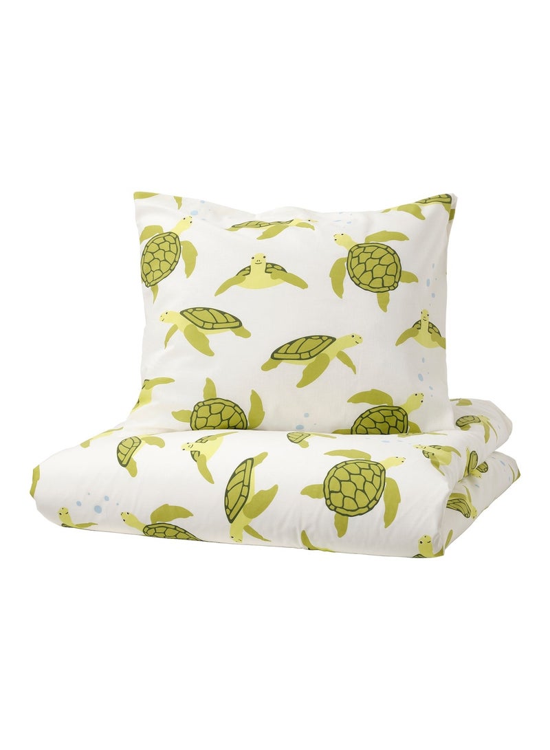 Duvet Cover And Pillowcase Turtle Pattern Green White 150X200/50X80 Cm