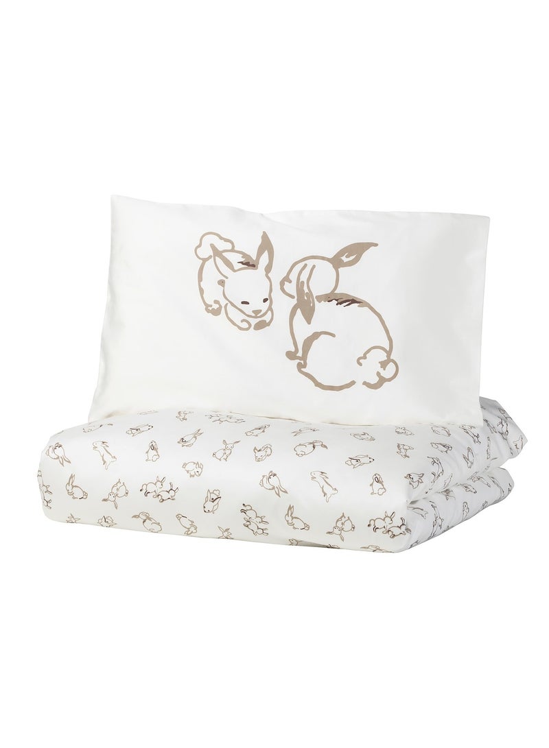 Duvet Cover 1 Pillowcase For Cot Rabbit Pattern White Beige 110X125/35X55 Cm