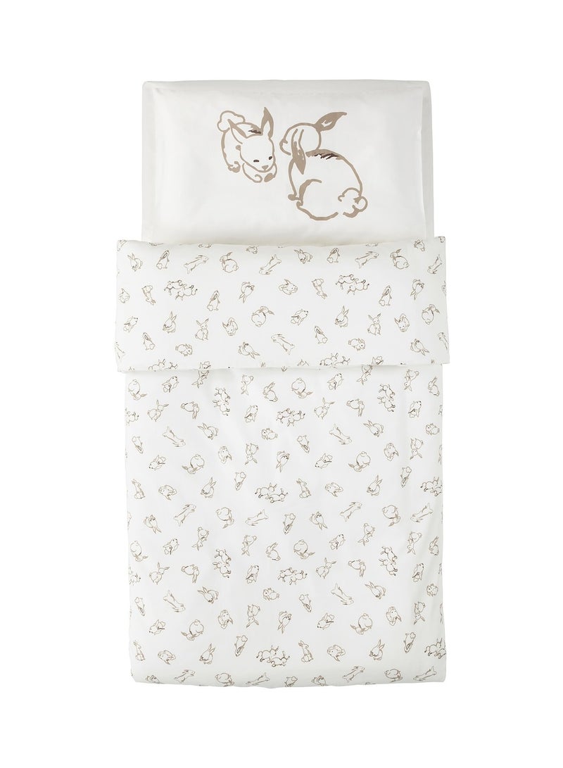 Duvet Cover 1 Pillowcase For Cot Rabbit Pattern White Beige 110X125/35X55 Cm