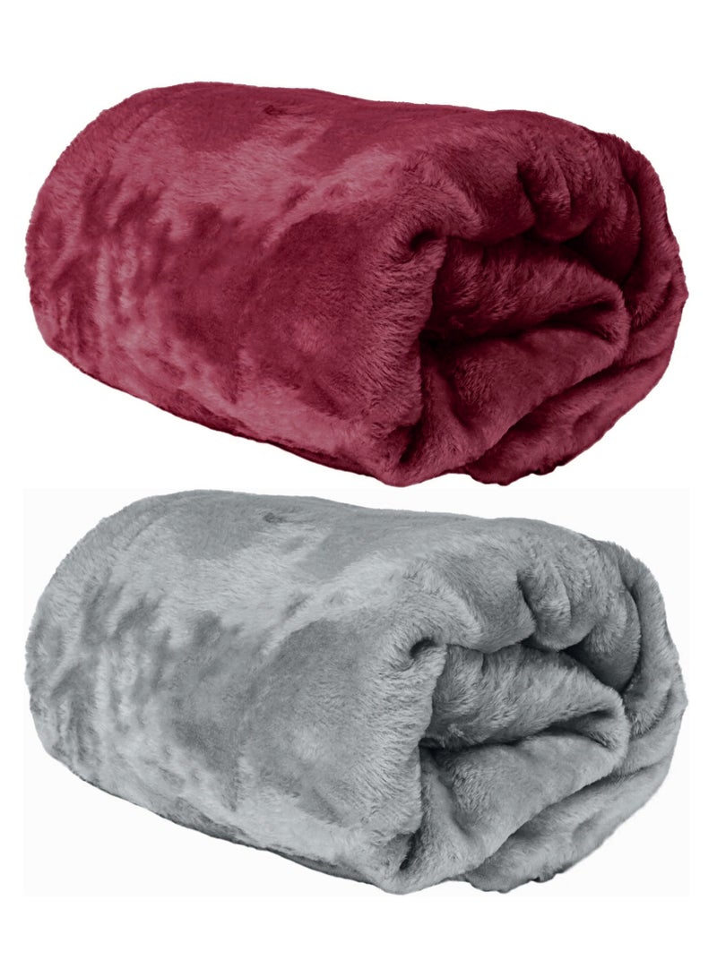 2-Pc Single Blanket 280 GSM Microfiber Fleece Flannel Bed Blanket Super Plush and Silky Throw Blanket, Size 150 x 200cm, Grey/Maroon