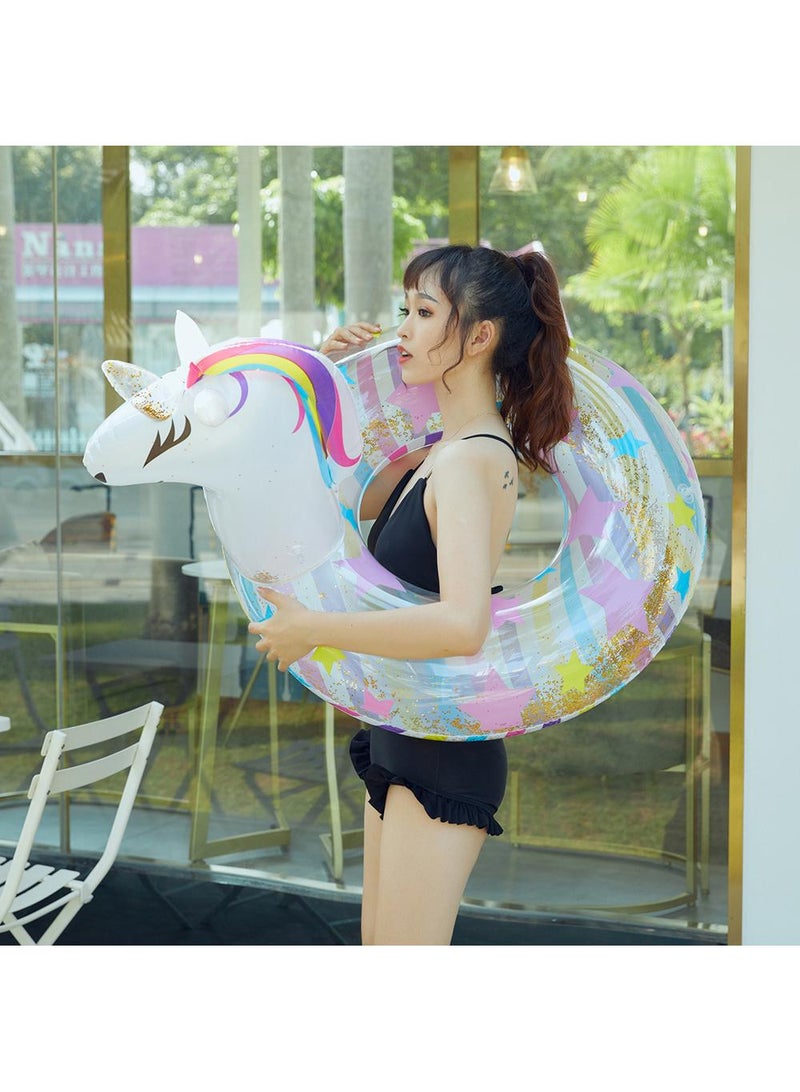 Unicorn Inflatable Float, Unicorn Swimming Ring for Youth Aged over 16 Years, Pool Inflatable Float with Sequin, Summer Pool Party Swimming Ring for Girls,White