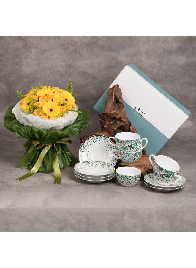 Gift Set Of 6 Mirrors Porcelain Teacups N Saucers Emerald With Flowers