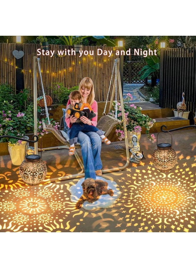 Go2Garden 2Pack Solar Garden Lanterns Outdoor Hanging Lights Decorative Metal Moon Star Sun Table Lamps For Patio, Yard, Table, Pathway Decoration Waterproof (Bronze)