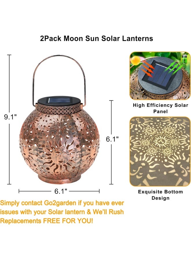 Go2Garden 2Pack Solar Garden Lanterns Outdoor Hanging Lights Decorative Metal Moon Star Sun Table Lamps For Patio, Yard, Table, Pathway Decoration Waterproof (Bronze)