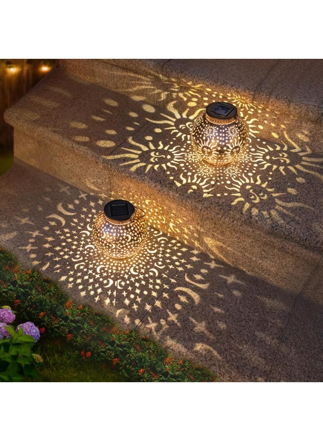 Go2Garden 2Pack Solar Garden Lanterns Outdoor Hanging Lights Decorative Metal Moon Star Sun Table Lamps For Patio, Yard, Table, Pathway Decoration Waterproof (Bronze)