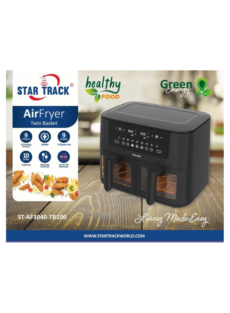 STAR TRACK Air Fryer Dual Compartment Tub, Capacity 10 Litres,9 cooking presets, Touch control