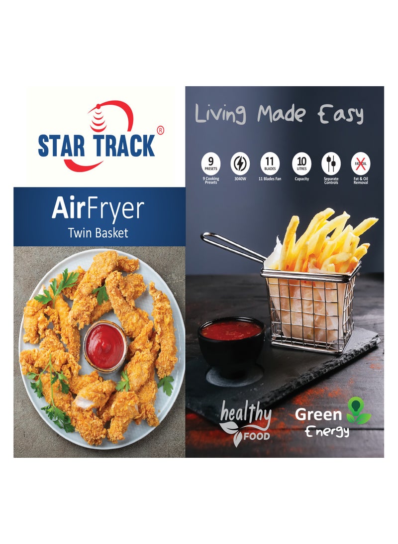STAR TRACK Air Fryer Dual Compartment Tub, Capacity 10 Litres,9 cooking presets, Touch control
