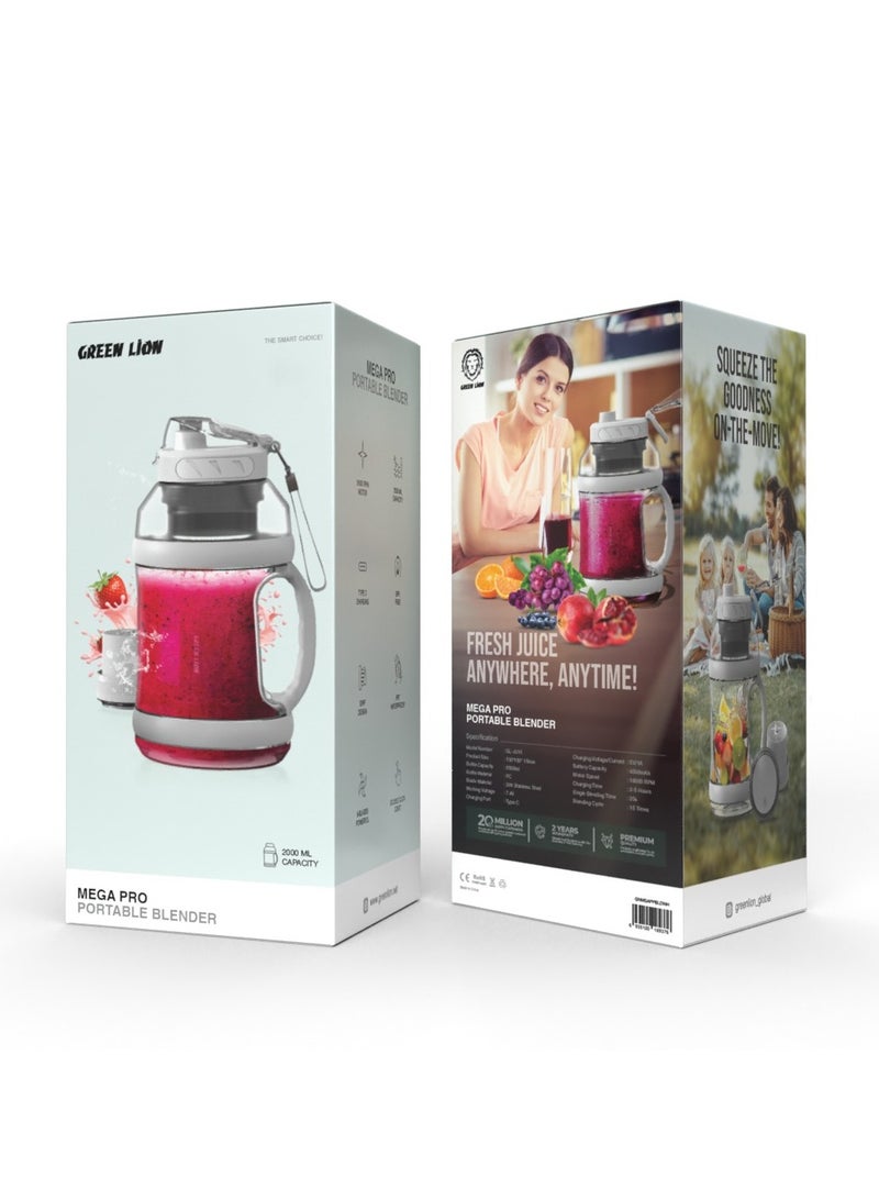 MEGA PRO Portable Blender /2000ml Bottle Capacity High Capacity/108000 RPM Powerful Motor/Juice Maker/Mixer/ Camping Blender/Home/Outdoor/Office/4000mAh Battery Capacity/Long Lasting Battery/15 Times Blend Cycle / PU Bottle Material / 304 Stainless Steel Blade Material Mix Fruits Perfect - White