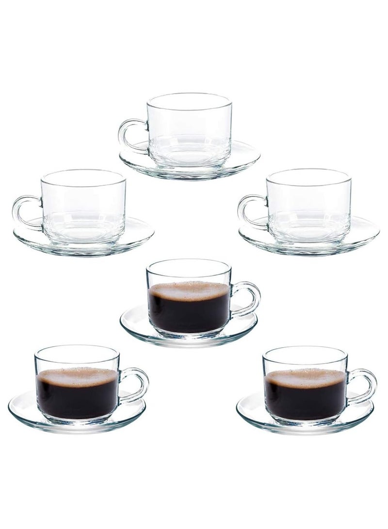 Clear Glass Coffee and Teacups with Saucers – 200ml Lightweight Cappuccino and Tea Cups with Matching Saucers - Set of 12