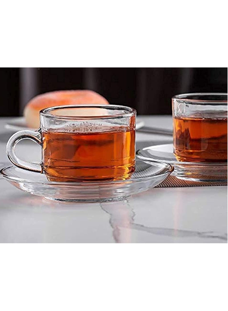 Clear Glass Coffee and Teacups with Saucers – 200ml Lightweight Cappuccino and Tea Cups with Matching Saucers - Set of 12