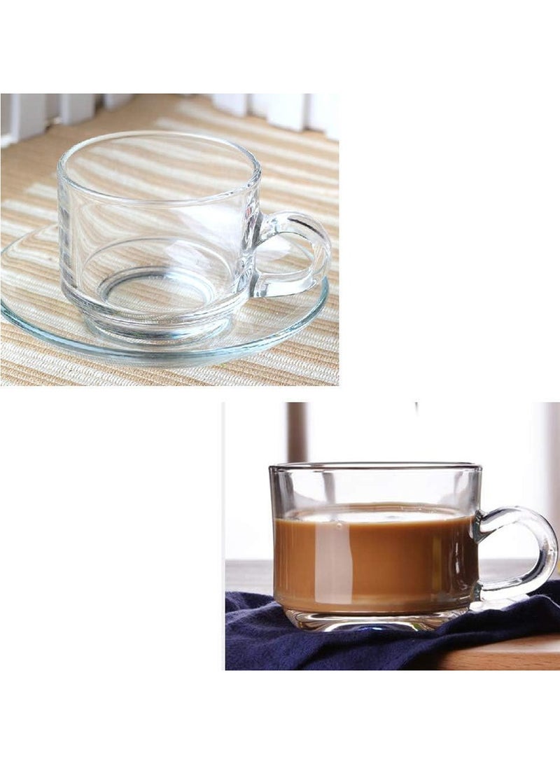 Clear Glass Coffee and Teacups with Saucers – 200ml Lightweight Cappuccino and Tea Cups with Matching Saucers - Set of 12