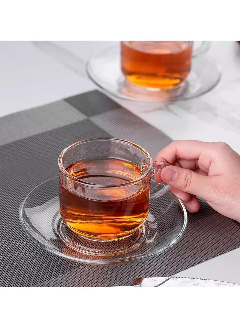 Clear Glass Coffee and Teacups with Saucers – 200ml Lightweight Cappuccino and Tea Cups with Matching Saucers - Set of 12