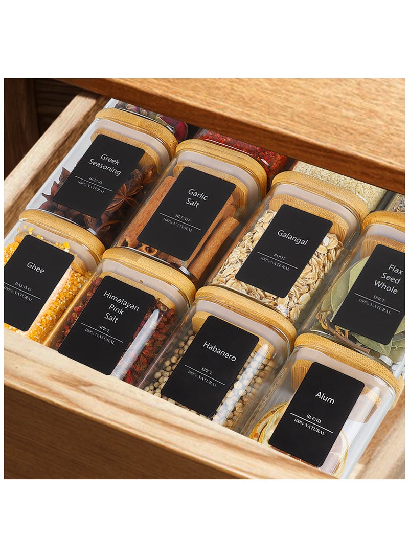 12Pcs Glass Spice Jars with Bamboo Lid, 8oz Airtight Square Containers with 275 Black Lables, Empty Seasoning Jars for Salt Sugar