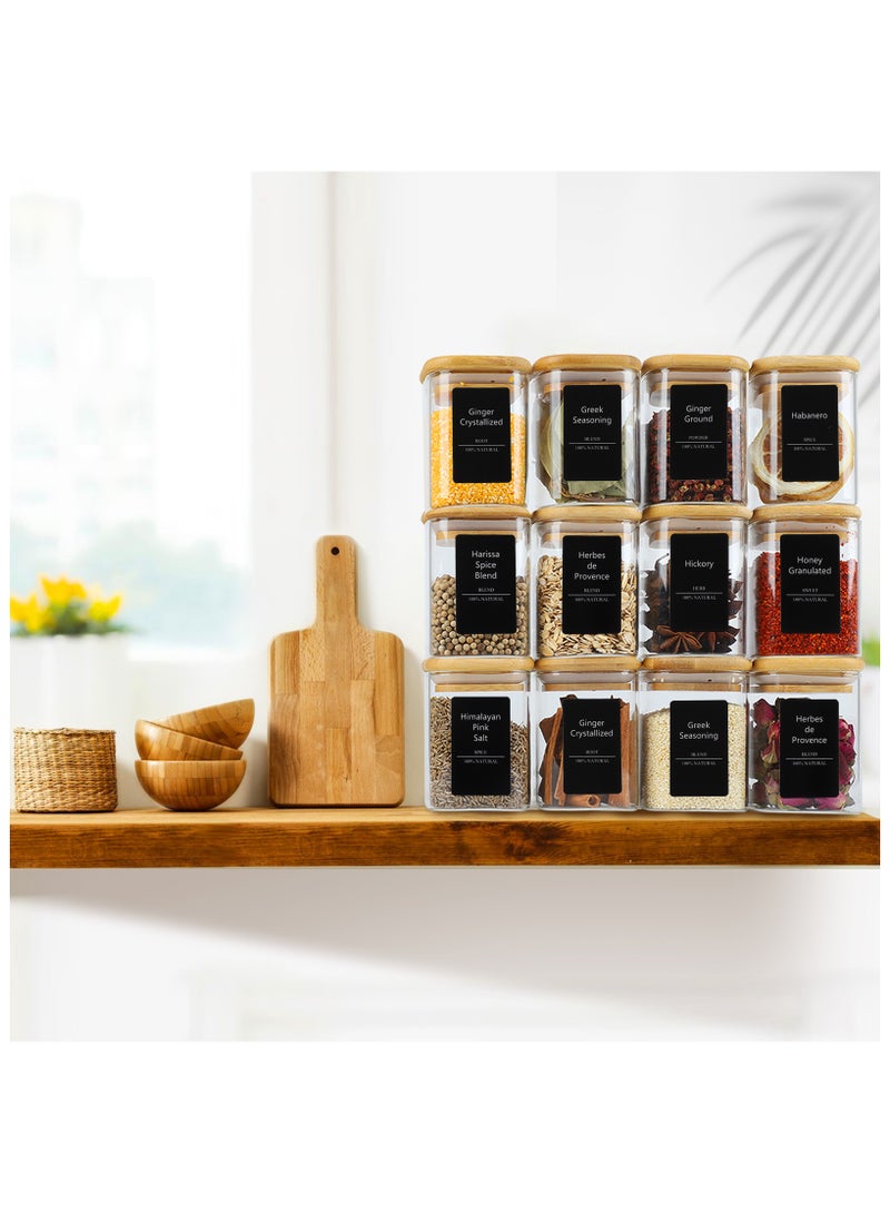 12Pcs Glass Spice Jars with Bamboo Lid, 8oz Airtight Square Containers with 275 Black Lables, Empty Seasoning Jars for Salt Sugar