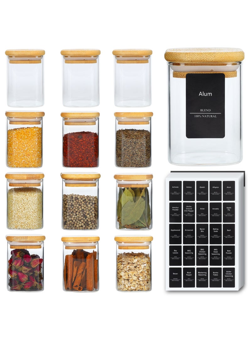 12Pcs Glass Spice Jars with Bamboo Lid, 8oz Airtight Square Containers with 275 Black Lables, Empty Seasoning Jars for Salt Sugar