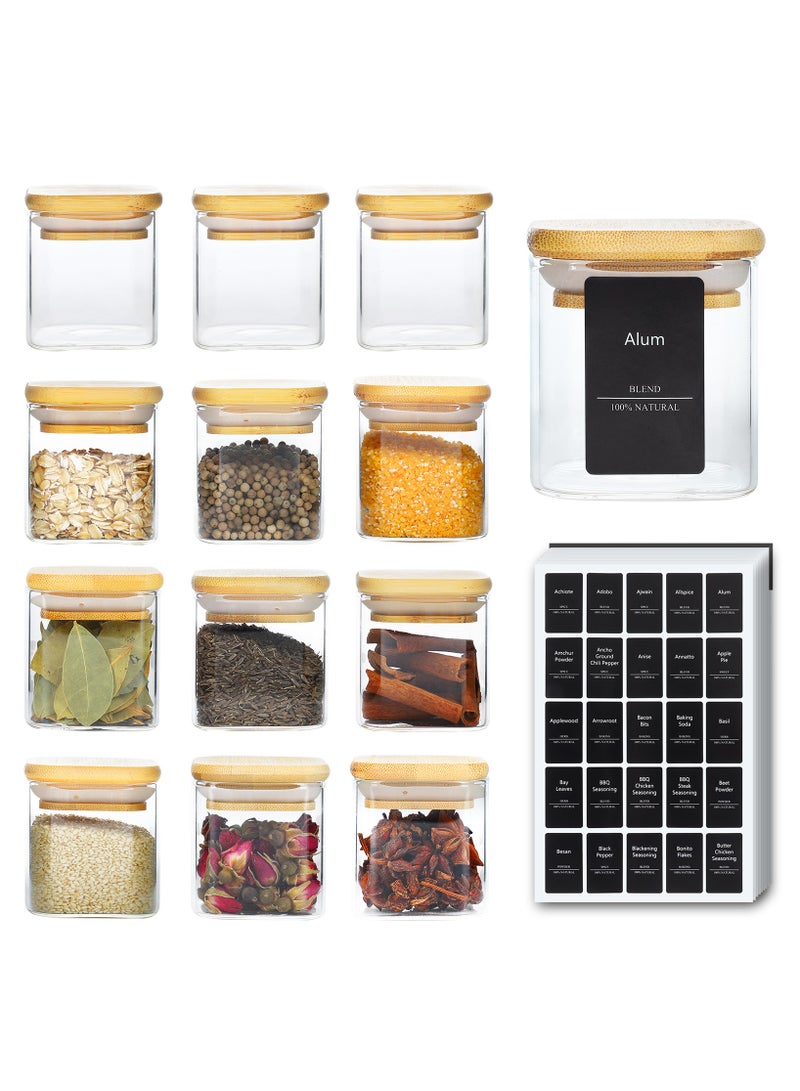 12Pcs Glass Spice Jars with Bamboo Lid, 4oz Airtight Square Spice Containers with 275 Black Lables, Empty Seasoning Jars for Spice Salt Sugar