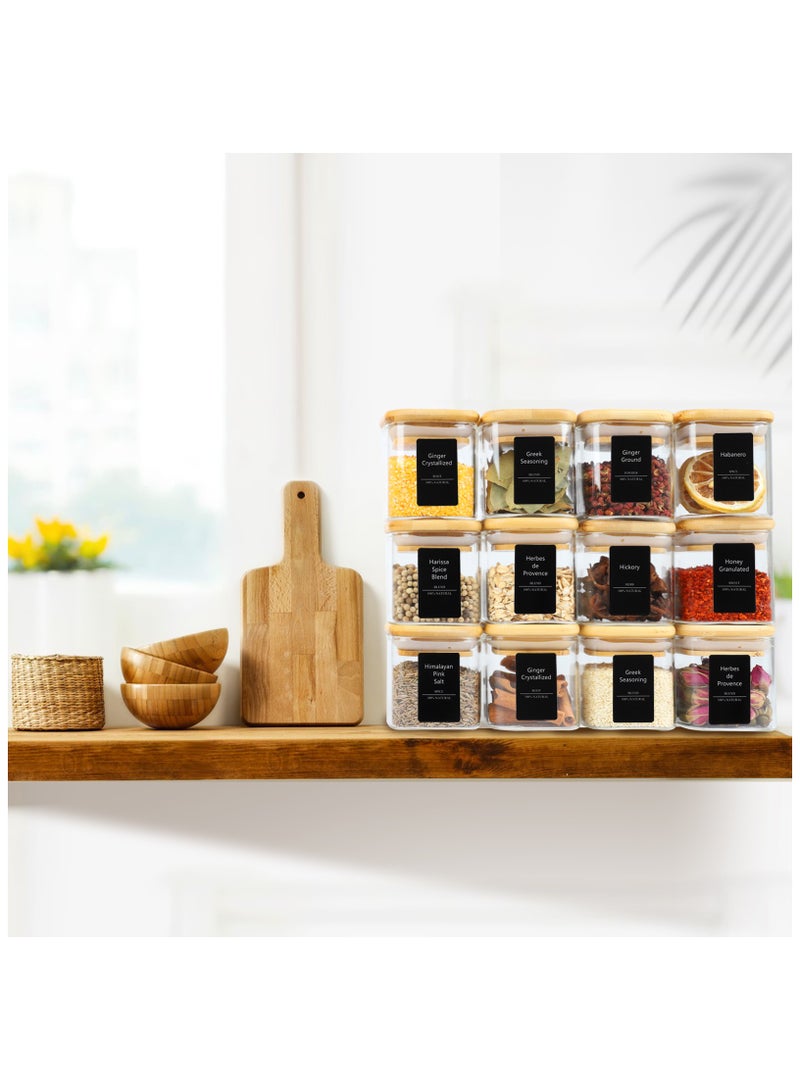 12Pcs Glass Spice Jars with Bamboo Lid, 4oz Airtight Square Spice Containers with 275 Black Lables, Empty Seasoning Jars for Spice Salt Sugar