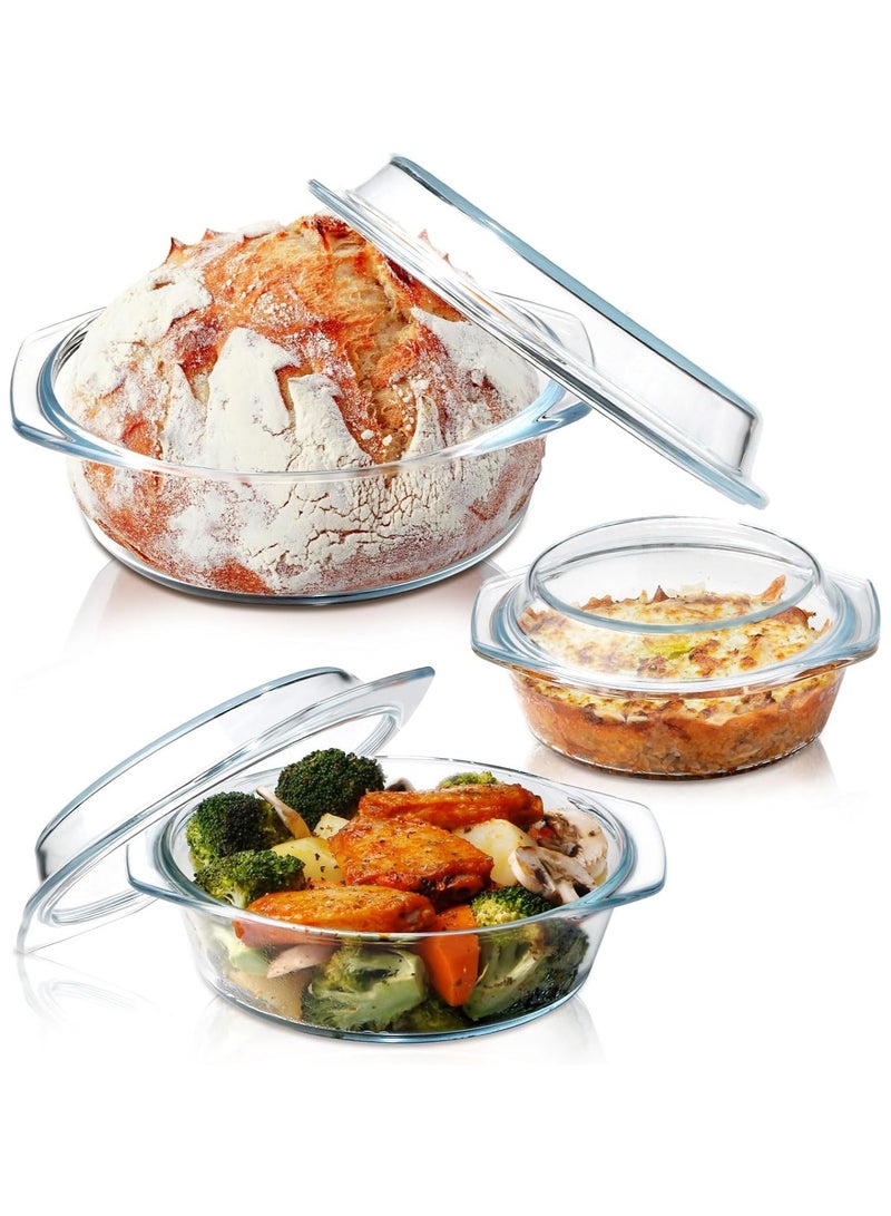 Set of 3 Clear Glass Casserole Dishes with Lids – Includes 0.65L, 1L, and 1.4L Oven-Safe Bakeware with Matching Glass Covers, Ideal for Cooking, Baking, and Serving