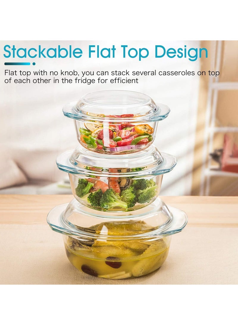 Set of 3 Clear Glass Casserole Dishes with Lids – Includes 0.65L, 1L, and 1.4L Oven-Safe Bakeware with Matching Glass Covers, Ideal for Cooking, Baking, and Serving