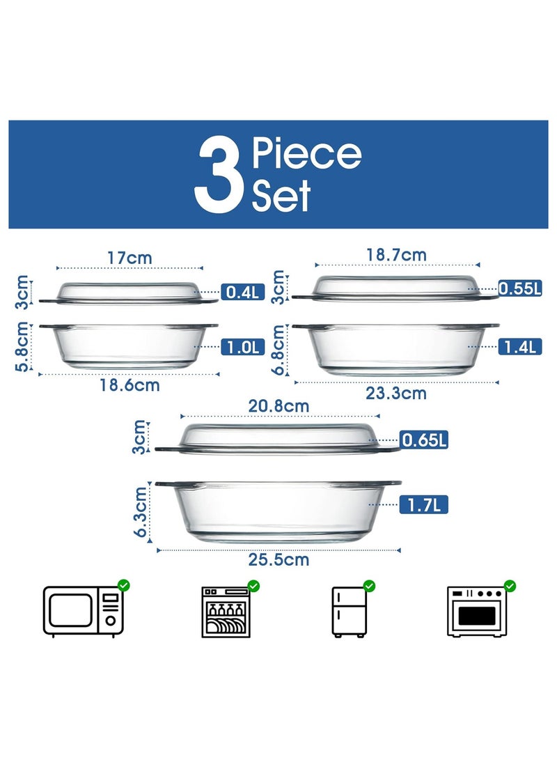 Set of 3 Clear Glass Casserole Dishes with Lids – Includes 0.65L, 1L, and 1.4L Oven-Safe Bakeware with Matching Glass Covers, Ideal for Cooking, Baking, and Serving