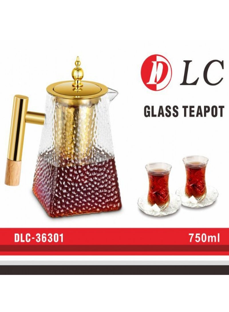 750ml Glaass Tea Pot with SUS 304 Filter Screen and Stainless Steel Hat, DLC-36301 - Transparent & Gold