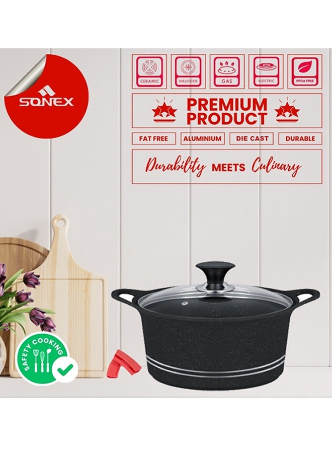 Sonex Diecast Non-Stick Glory Mega 3-Piece Cookware Set with Pot Holder, Sizes 9L, 13L, 19L, Elegant Grey Marble Finish, Superior Heat Distribution, Durable Handles, All Stovetop Compatibility, Black