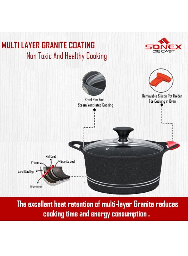 Sonex Diecast Non-Stick Glory Mega 3-Piece Cookware Set with Pot Holder, Sizes 9L, 13L, 19L, Elegant Grey Marble Finish, Superior Heat Distribution, Durable Handles, All Stovetop Compatibility, Black