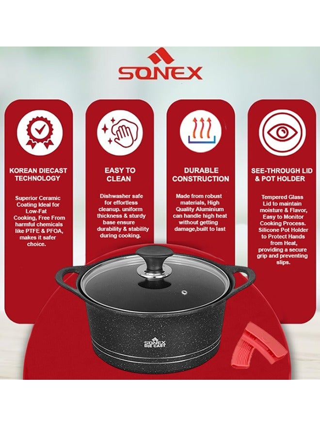 Sonex Diecast Non-Stick Glory Mega 3-Piece Cookware Set with Pot Holder, Sizes 9L, 13L, 19L, Elegant Grey Marble Finish, Superior Heat Distribution, Durable Handles, All Stovetop Compatibility, Black