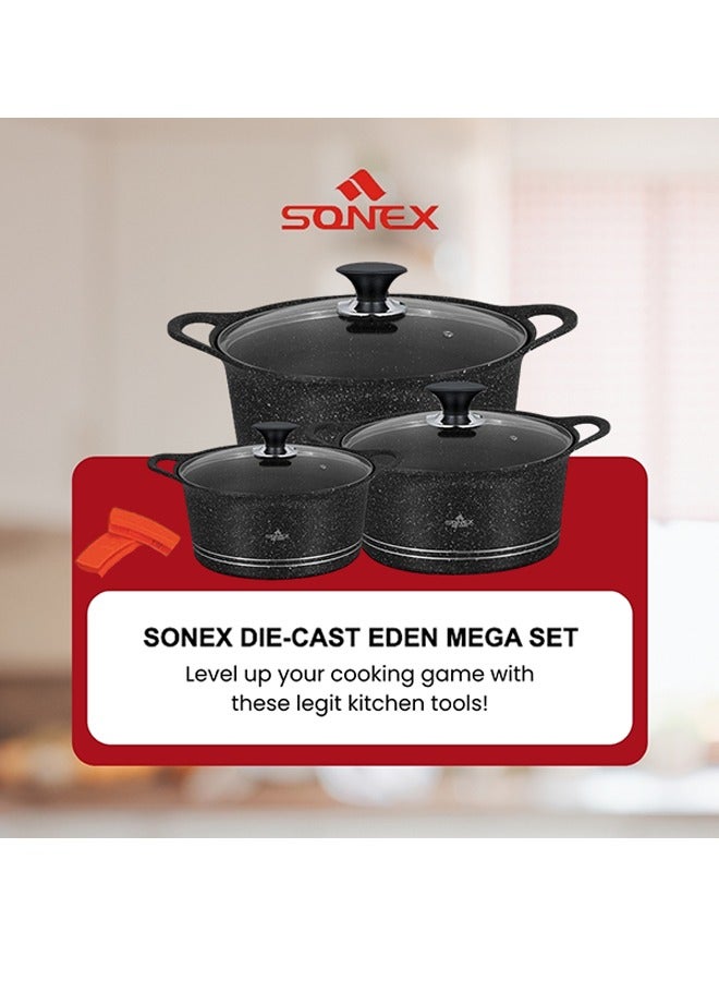 Sonex Diecast Non-Stick Glory Mega 3-Piece Cookware Set with Pot Holder, Sizes 9L, 13L, 19L, Elegant Grey Marble Finish, Superior Heat Distribution, Durable Handles, All Stovetop Compatibility, Black