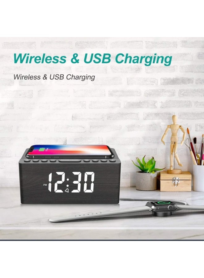 Wooden Digital Alarm Clock Fm Radio 10W Fast Wireless Charger Station For Iphone/Samsung Galaxy 5 Level Dimmer Usb Charging Port 2 Wake Up Sounds Bedrooms Sleep Timer Wood Led Clock For Bedside