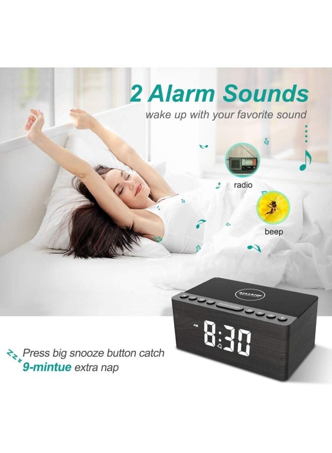 Wooden Digital Alarm Clock Fm Radio 10W Fast Wireless Charger Station For Iphone/Samsung Galaxy 5 Level Dimmer Usb Charging Port 2 Wake Up Sounds Bedrooms Sleep Timer Wood Led Clock For Bedside