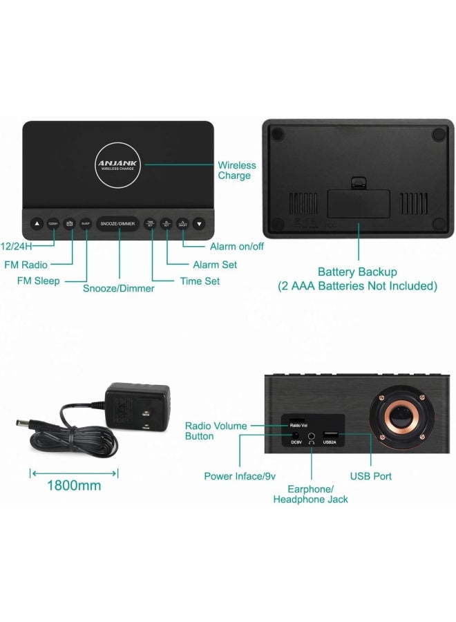 Wooden Digital Alarm Clock Fm Radio 10W Fast Wireless Charger Station For Iphone/Samsung Galaxy 5 Level Dimmer Usb Charging Port 2 Wake Up Sounds Bedrooms Sleep Timer Wood Led Clock For Bedside