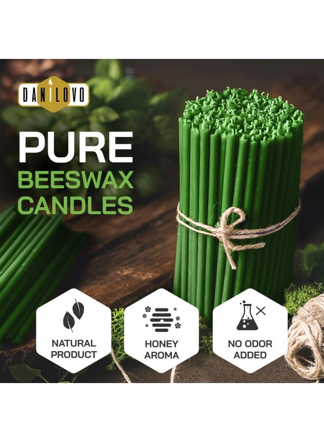 Danilovo Pure Beeswax Candles No Drip Less Tall Thin Taper Candles – Decorative Candles For Church Prayer Decor Or Birthday Candles – Honey Scented Candles – 6.4”X0.22” Green 50 Pieces