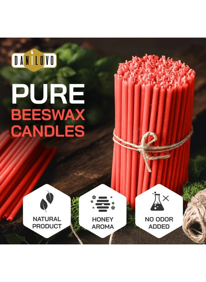 Danilovo Pure Beeswax Candles No Drip Less Tall Thin Taper Candles – Decorative Candles For Church Prayer Decor Or Birthday Candles – Honey Scented Candles – 6.4”X0.22” Red 50 Pieces