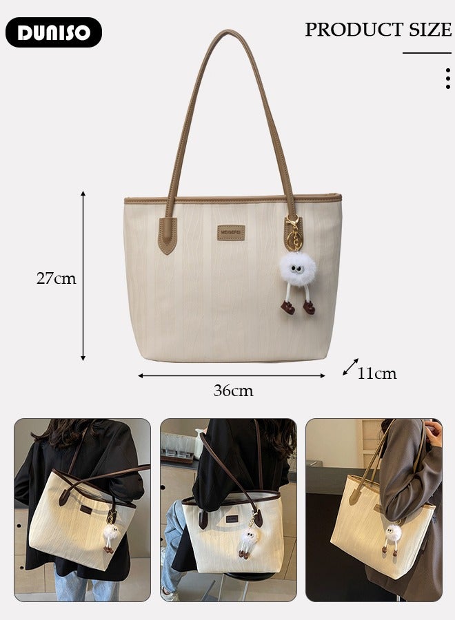 Women Shoulder Tote Bag, Beige PU Fashionable Travel Bags, Comfortable Commuter Bag with Large Capacity, Weekender Shopper Handbag for Ladies